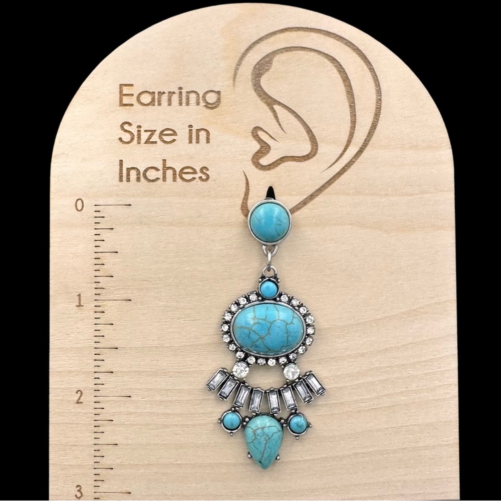 Abstract Statement Turquoise & Rhinestone Post Drop Earrings - Picture 3 of 3